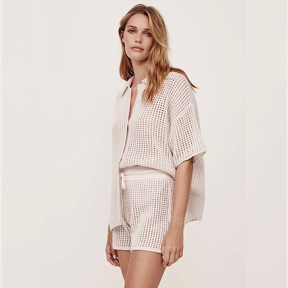 NEW Naked Cashmere Wren Crochet Short Sleeve Cashmere Shirt in Alabaster Medium - Picture 10 of 11